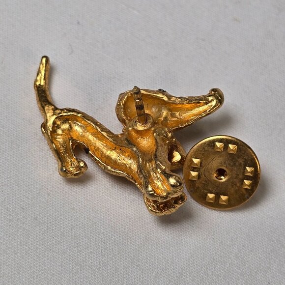 Vintage Gold Tone Dachshund Dog Lapel Pin Tie Tack Rhinestone Eyes Puppy Brooch - Picture 5 of 11